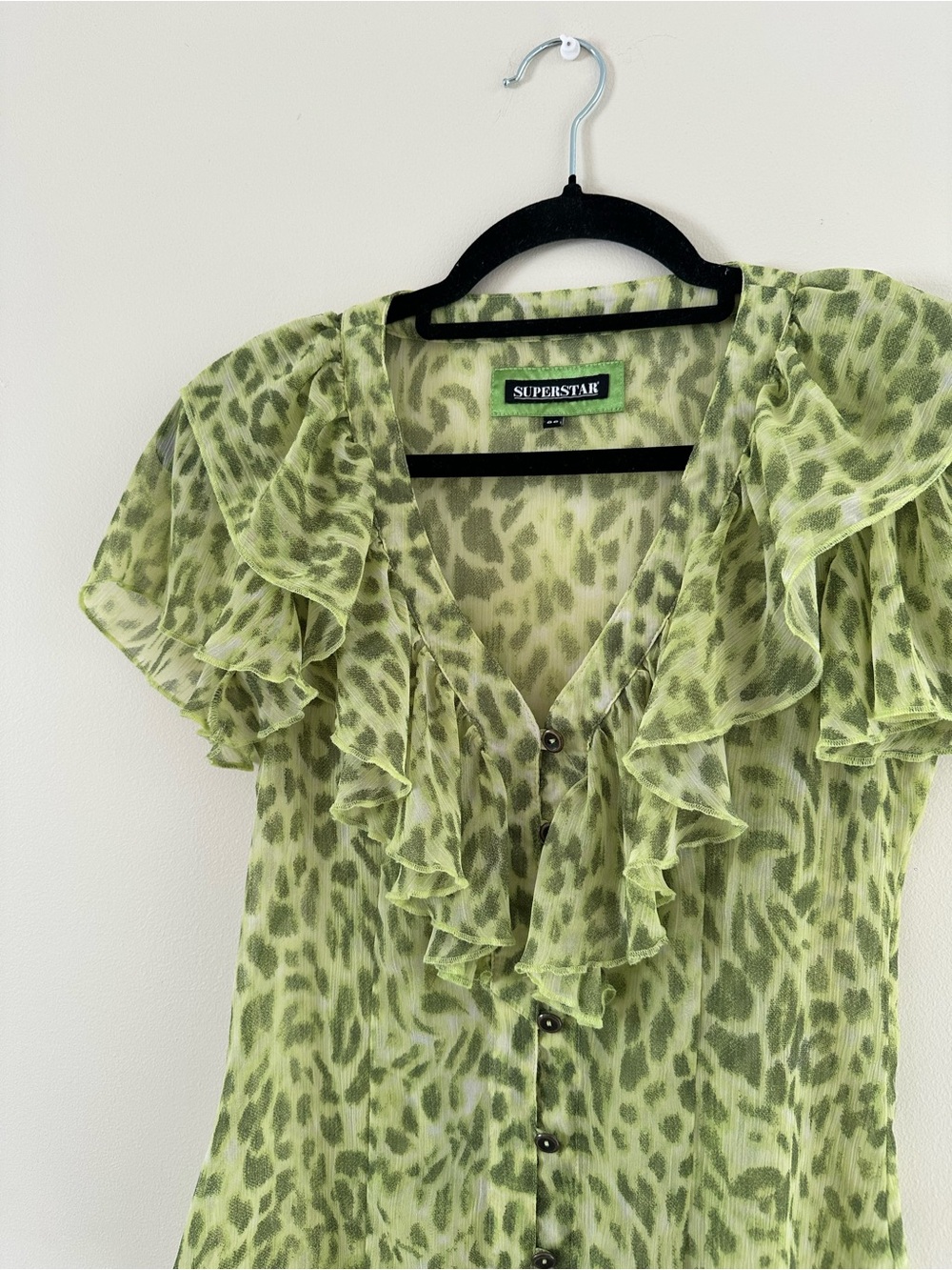 Green Leopard-Print Ruffle Button Blouse - Picture 2 of 9
